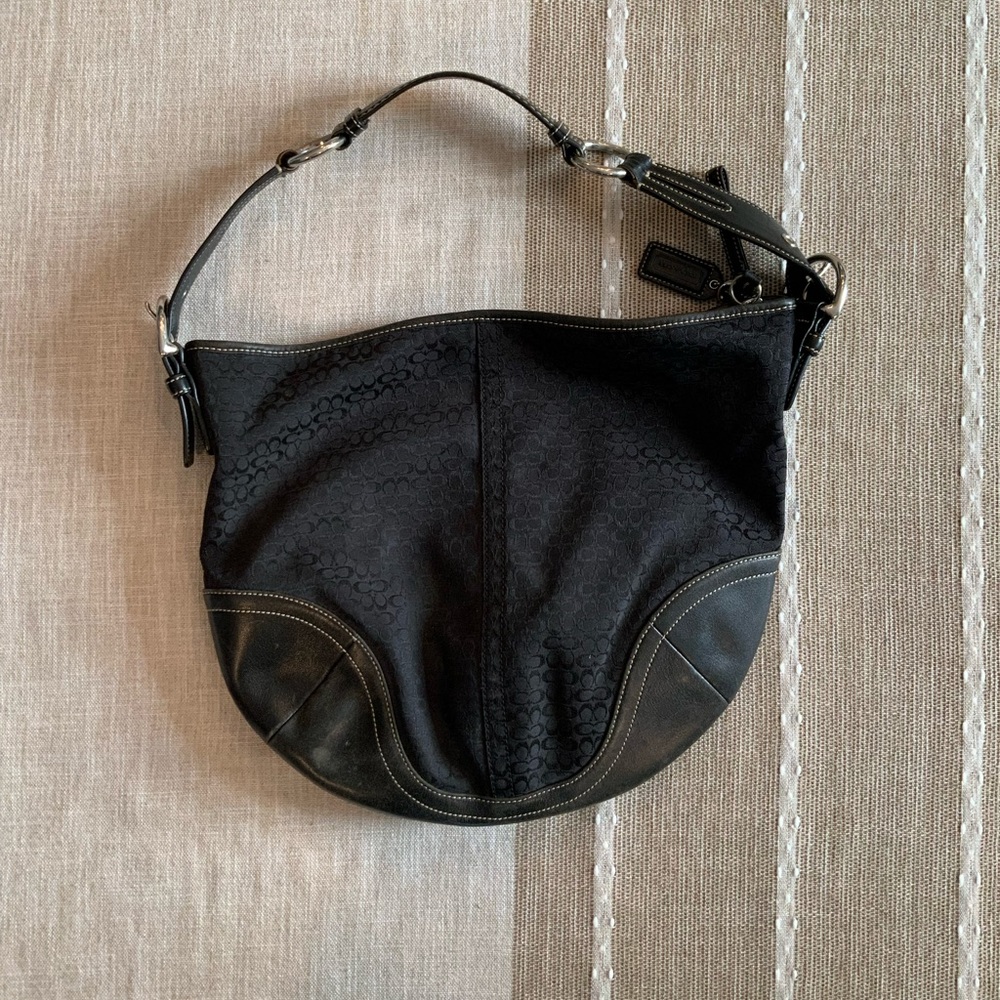 COACH Black Hobo Bag in Leather and Signature Fabric